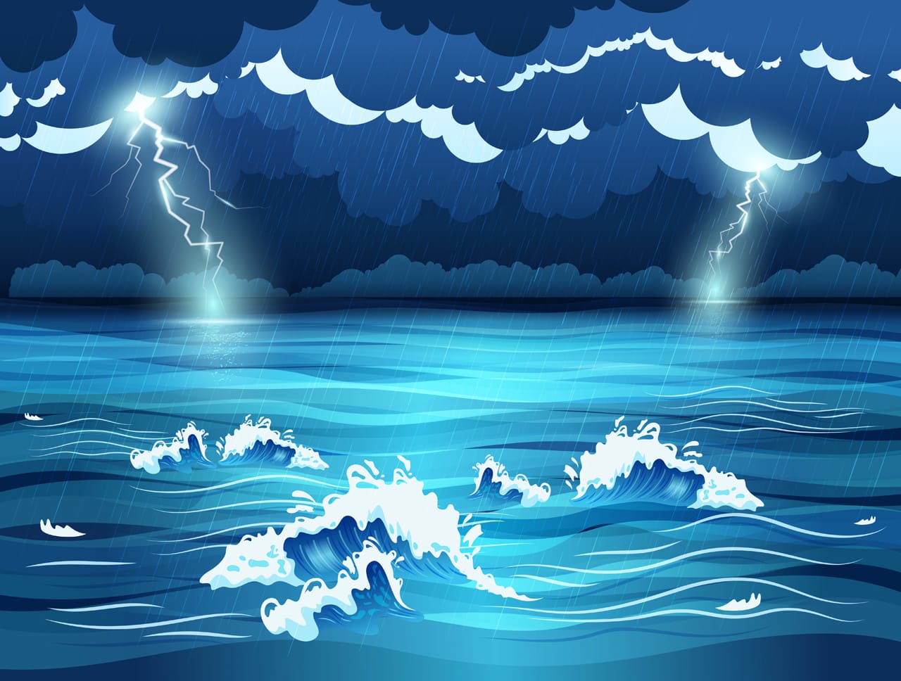 Wave clipart sea waves dark sky with lightnings during storm flat