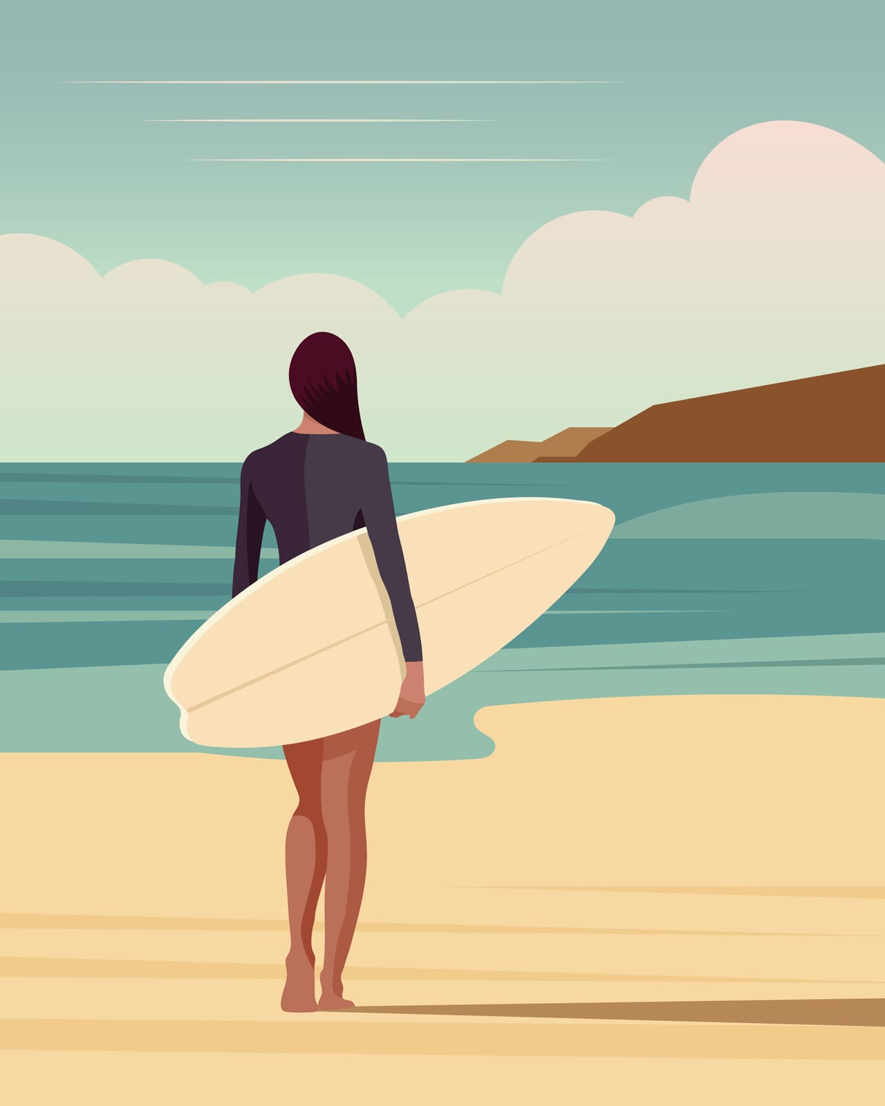 Wave clipart surfer girl seashore with surfboard against backdrop seascape active holiday
