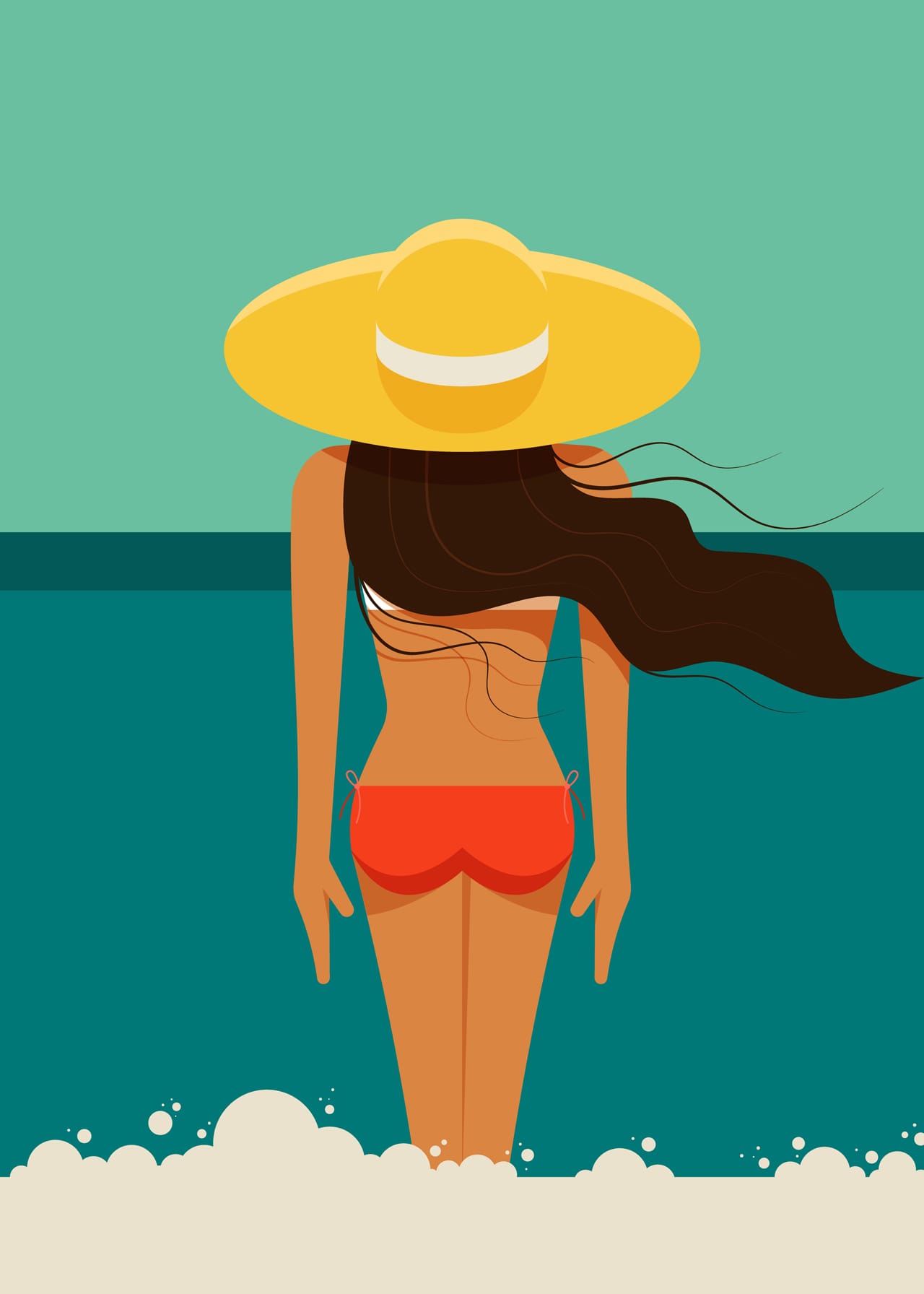 Woman standing sea summer time happy holiday concept flat design style
