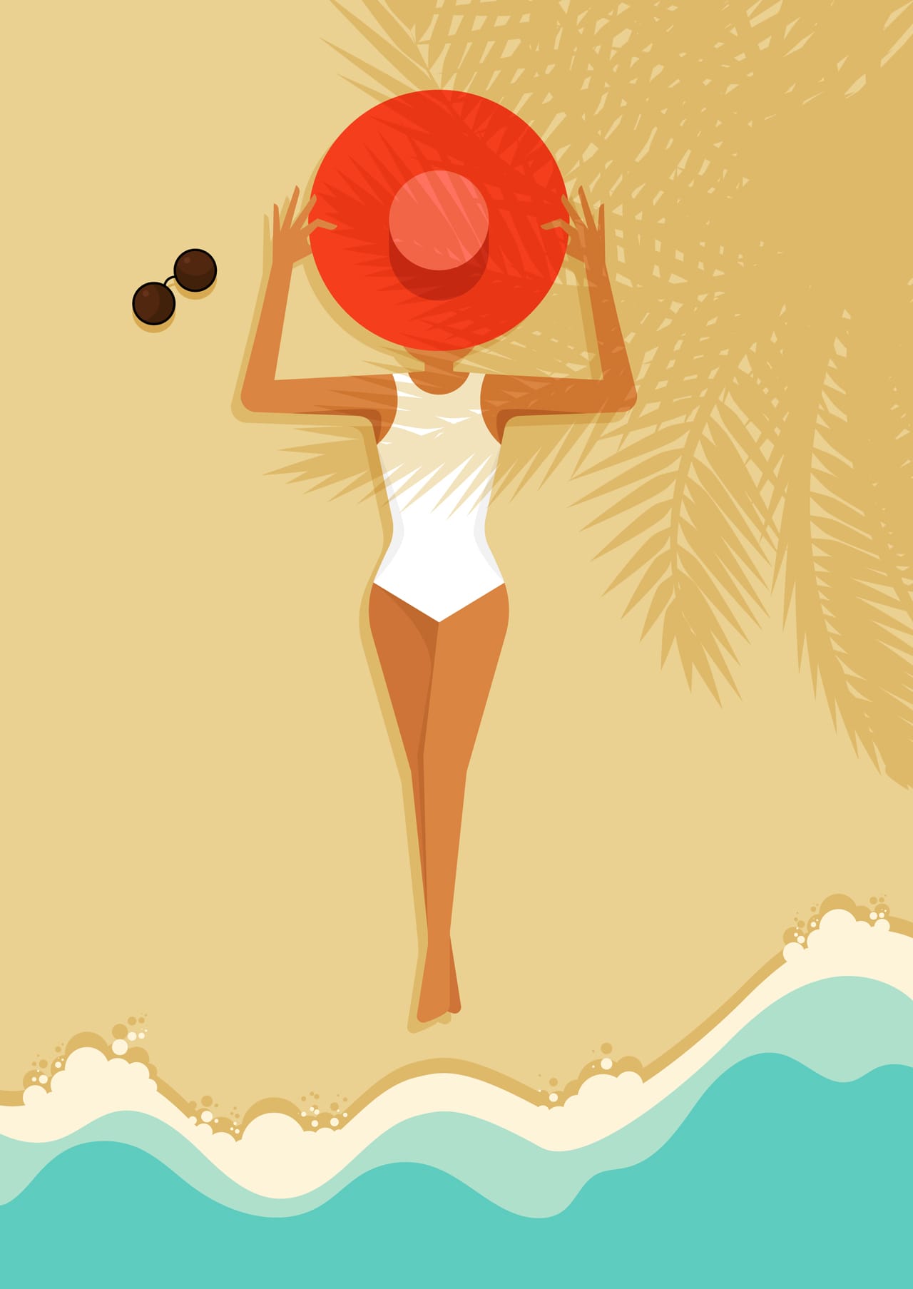 Women laying down beautiful beach summer with red hat her face illustration flat style