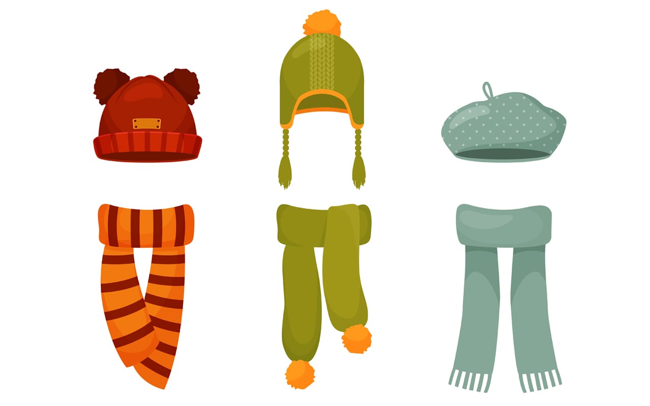 Set children winter autumn hats scarfs cartoon image