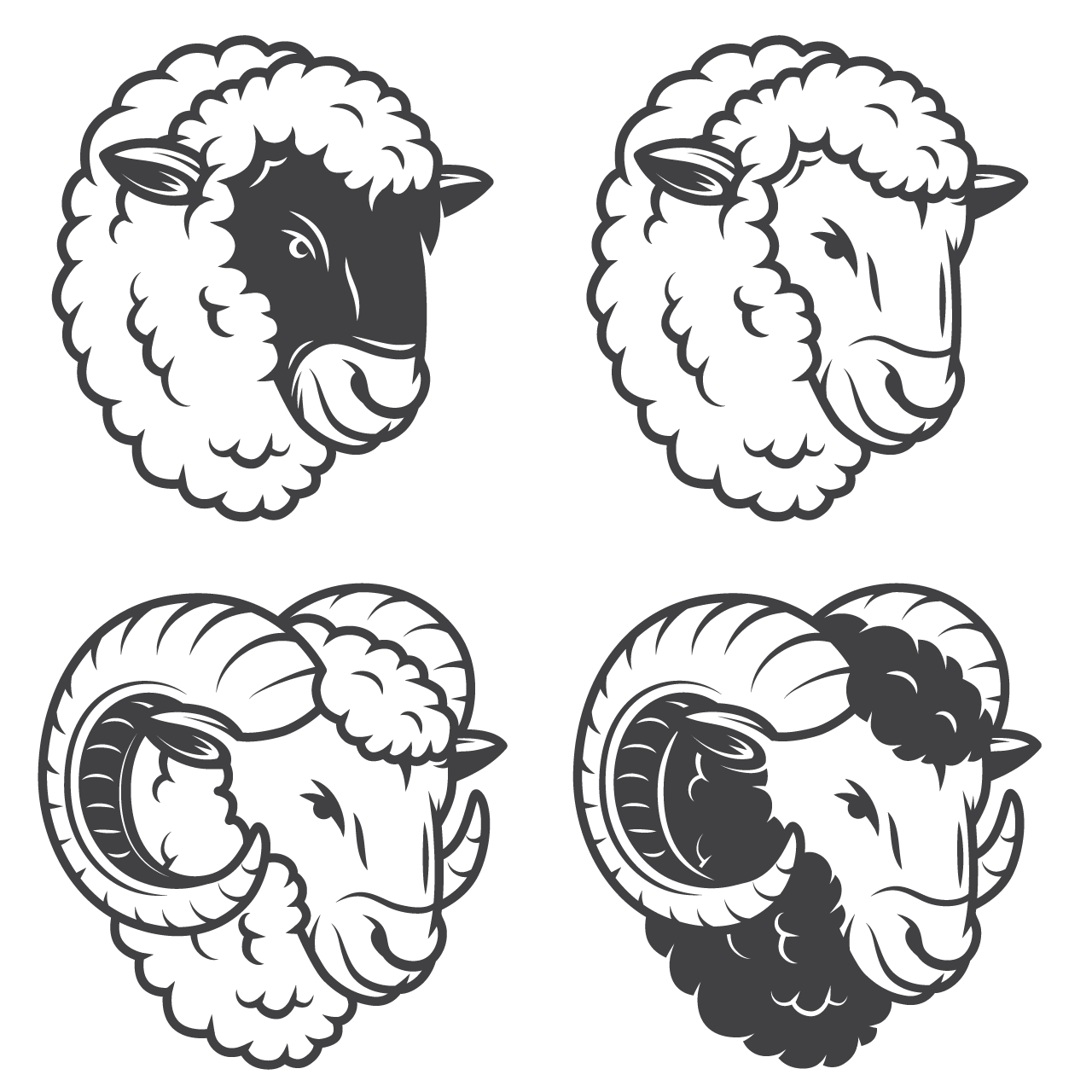 Sheep rams heads monochrome isolated transparent background png