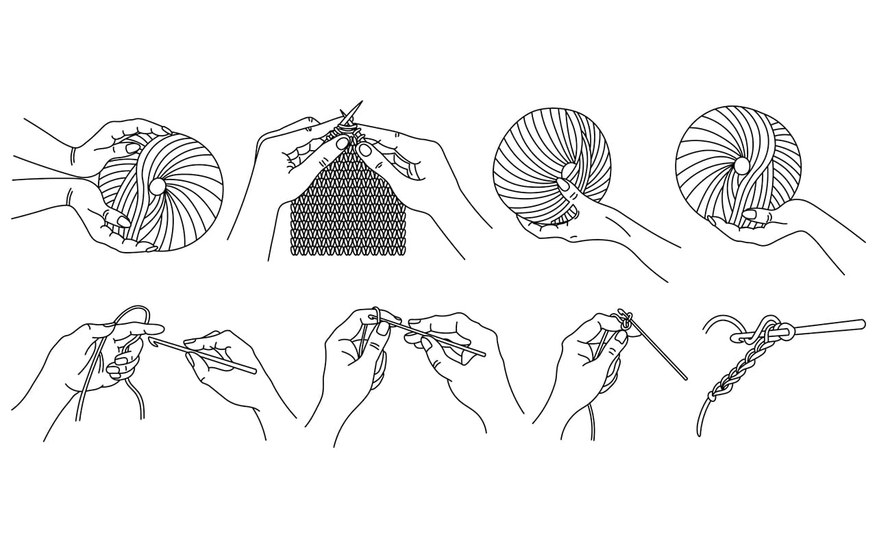 Wool clipart set contour illustrations crochet knitting hands with skeins hands with knitting needles