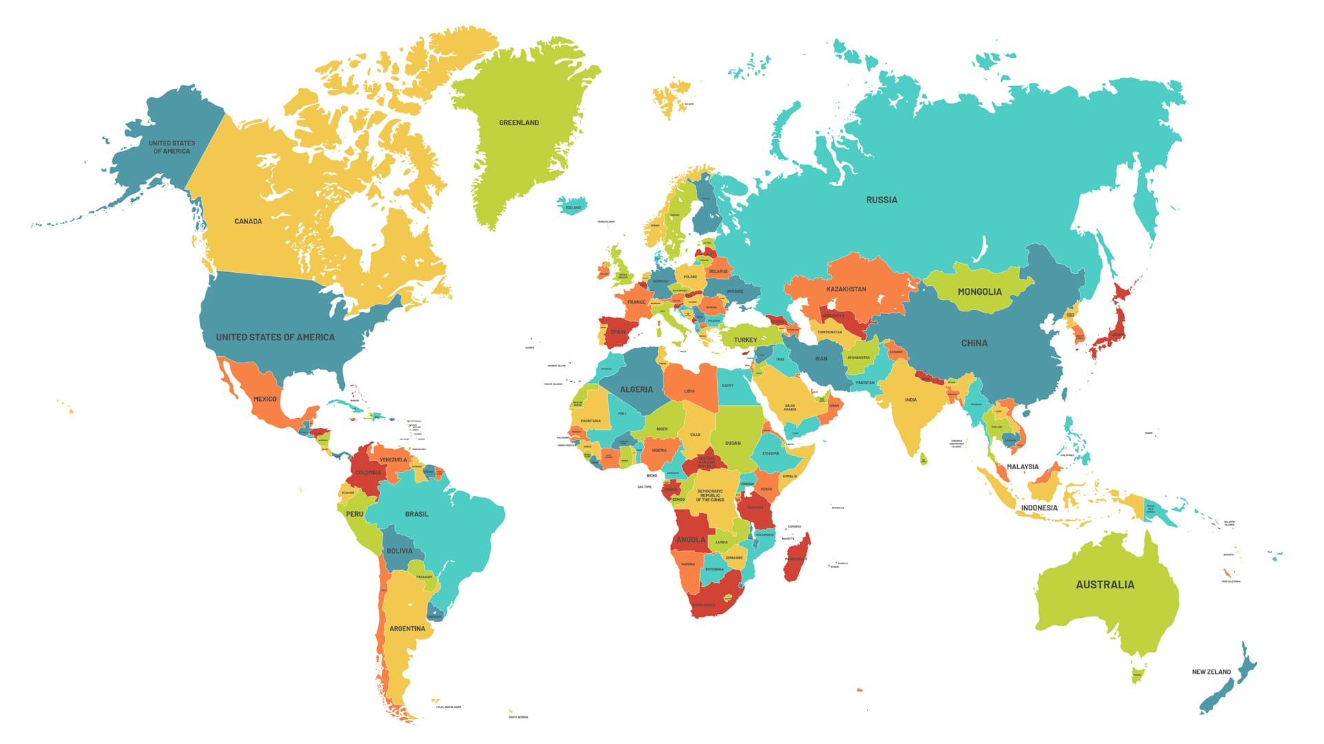 Colored world map political maps colourful world countries country names