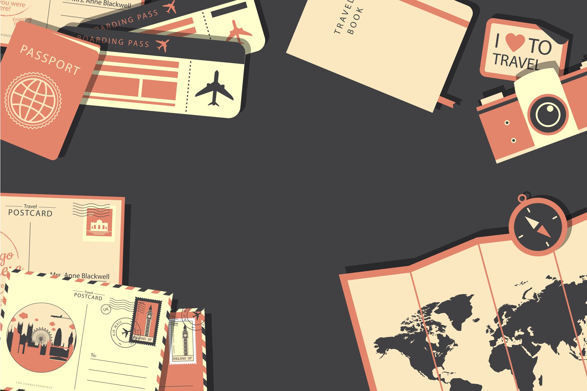 Flat travel documents background world clipart