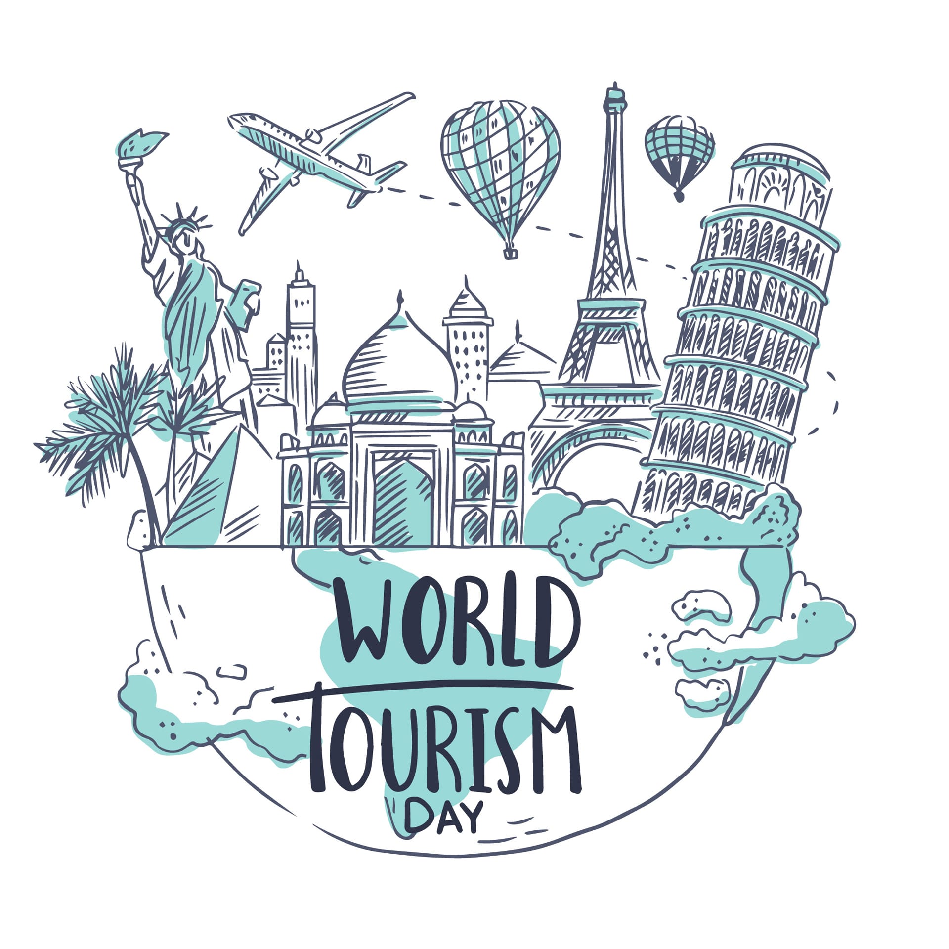 Hand drawn world tourism day with famous landmarks