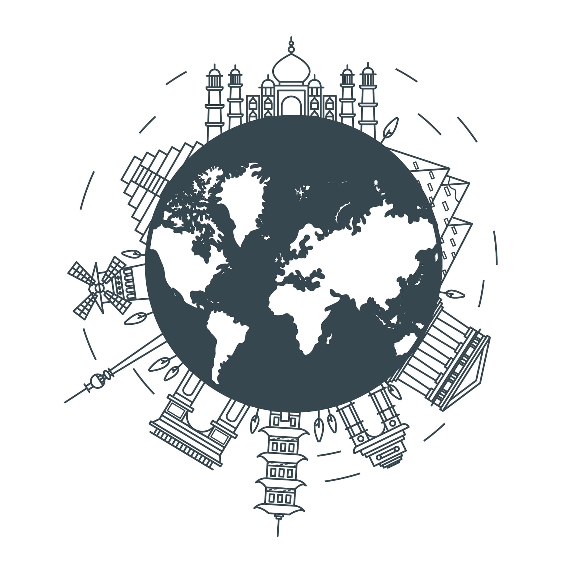 World with landmarks flat style